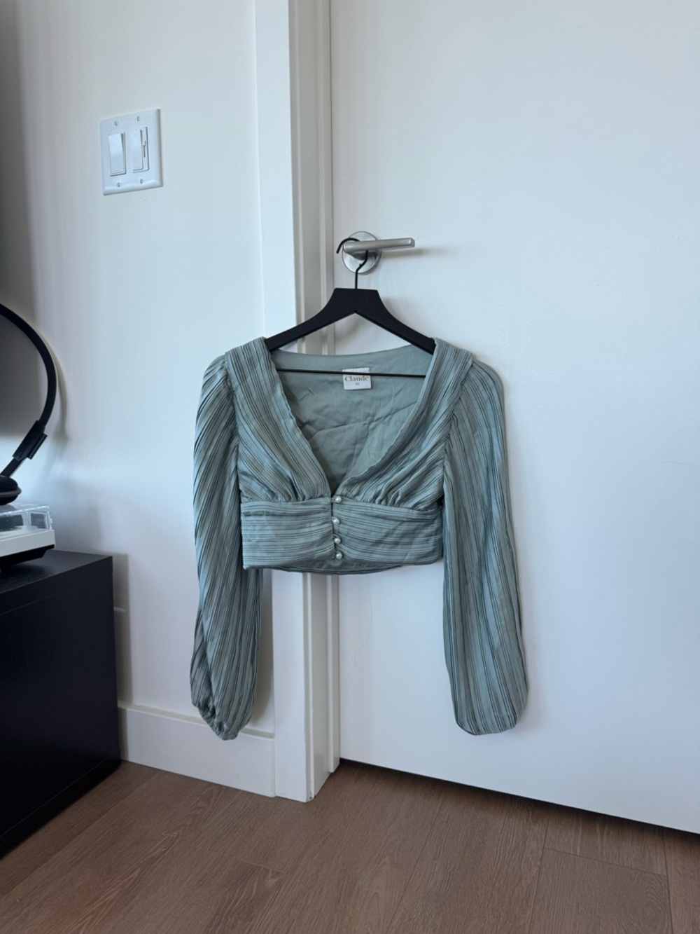 Cropped V-Neck Long Sleeve Top in Sage Green